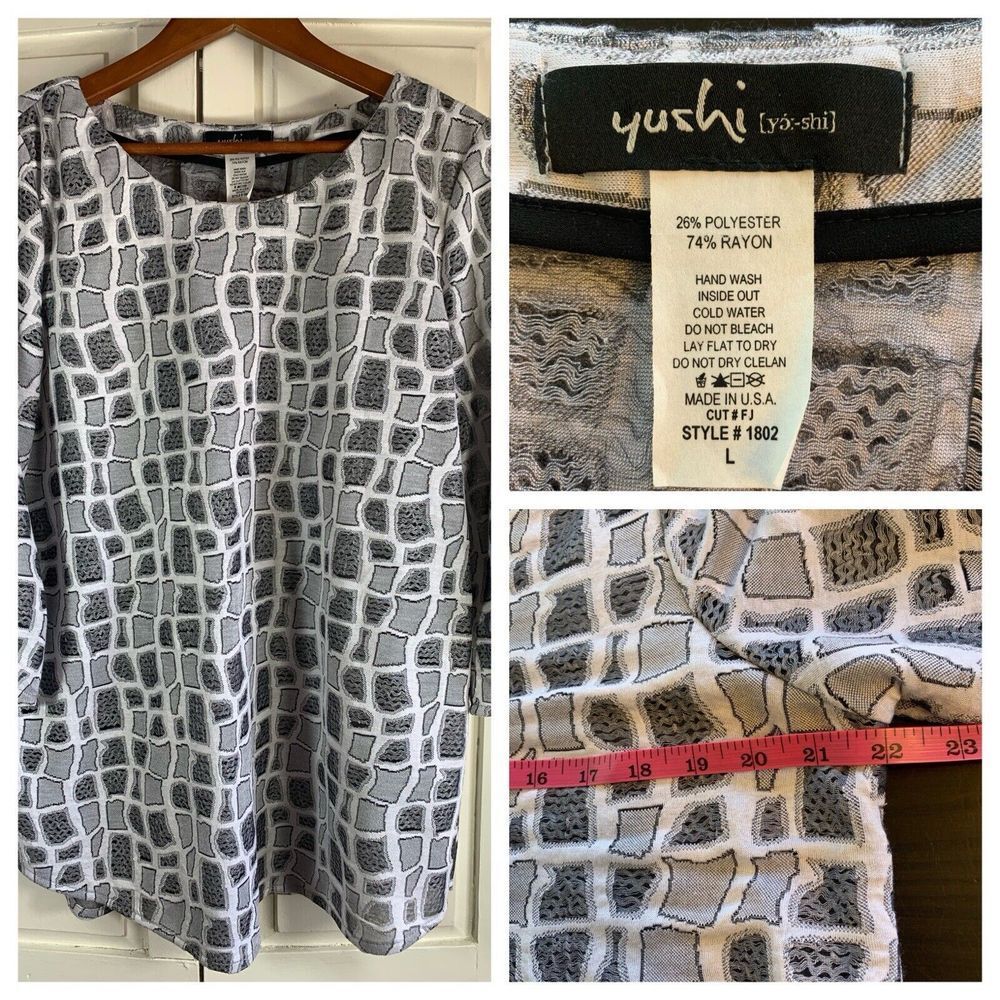 Yushi Top‎ Women's Large Grey Abstract Open Weave Lagenlook Artsy Art To Wear